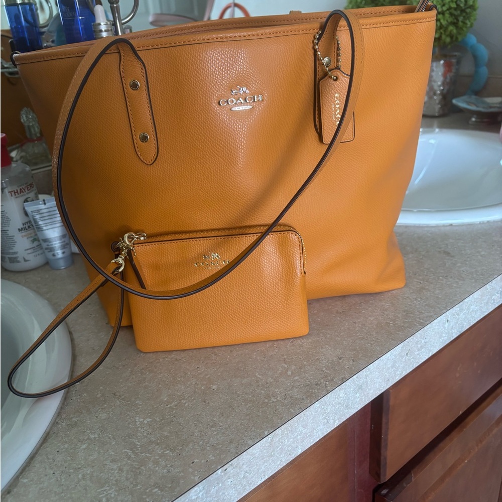 Coach Orange Pebble Leather Tote with Zip Pouch